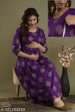 Purple rayon maternity kurti with three-quarter sleeves, printed design, available in sizes M, L, XL, XXL