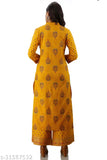 Yellow gold print palazzo set, rayon fabric, three-quarter sleeve Kurta with bottomwear, Indian fashion on model