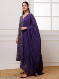 Violet cotton blend floral A-line printed Kurta set with dupatta and bottomwear, Indian women's fashion in poly chiffon and cotton blend