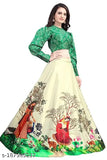 Printed Navratri festival special women's & girls' lehenga choli set. Silk lehenga, satin dupatta, acrylic sleeves, tribal design. Long sleeves, free size (42in waist, 44in length). Traditional Indian fashion for weddings and casual wear
