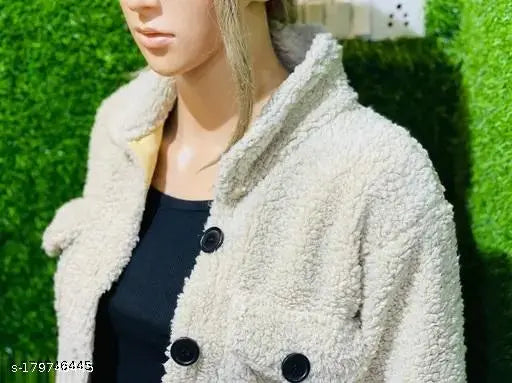 Trendy women's woolen, long-sleeved sherpa fleece crop jacket with button closure - ideal for chilly winter wear