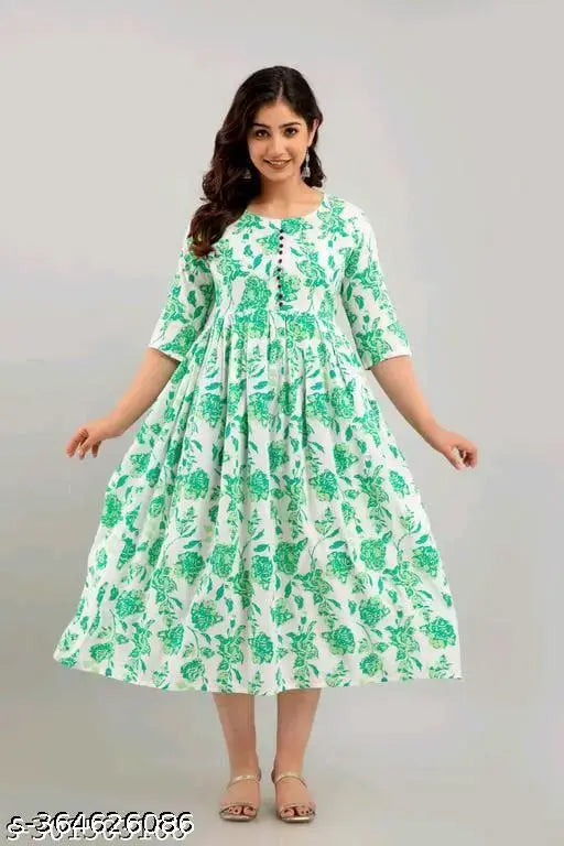 Rayon green floral print anarkali kurti, three-quarter sleeves, trendy women's fashion from India