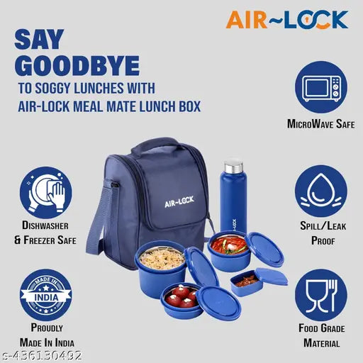 AIR LOCK Meal Mate Lunch Box with Plastic Cutlery,3 Microwave Safe Inner Steel Containers with Bpa Free Lids(290Ml,400Ml&600Ml) Plastic Pickle Box(130Ml) Steel Water Bottle(750Ml)-Blue