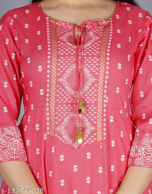 Rayon printed Anarkali dupatta set with kurta and bottomwear, three-quarter sleeves, vibrant Indian fashion on display
