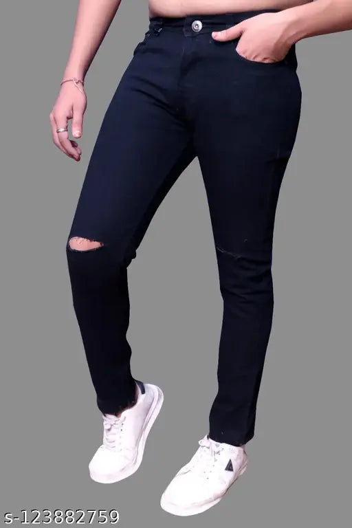 Black denim Rabezo men's slim fit knee-cut distressed jeans, mid rise with pocket, machine washable