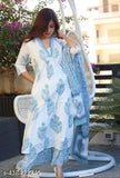 Women's Jaipuri Pure Cotton Hand Work Kurti Set with Palazzos and Dupatta - Indian printed net three-quarter sleeve kurtas set, single size available