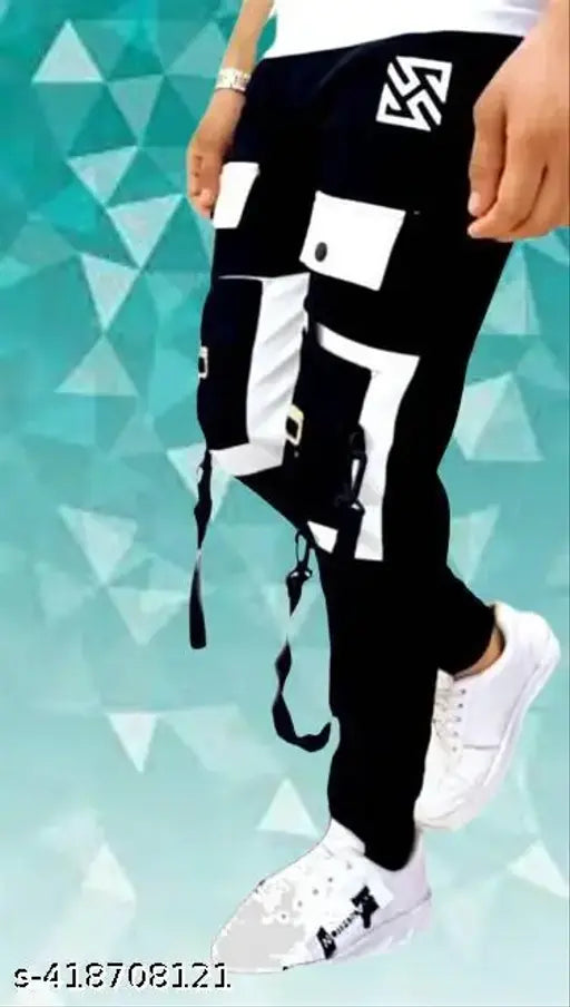 Stylish black cargo pants with zippers, adjustable drawstrings