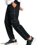 Black cargo pants with pockets, zip fly, and elastic waistband