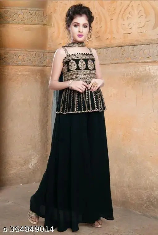Fancy jari and sequin embroidered Georgette kurta set with palazzo pants and dupatta, children's anarkali outfit, size 3-14 years, Indian craftsmanship