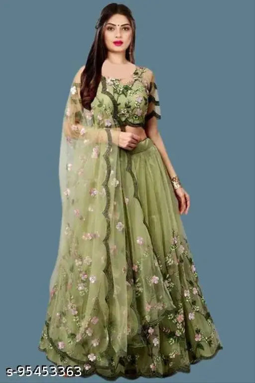 Embroidered semi-stitched net lehenga (Pista) with matching net dupatta, intricate embroidery on traditional Indian attire