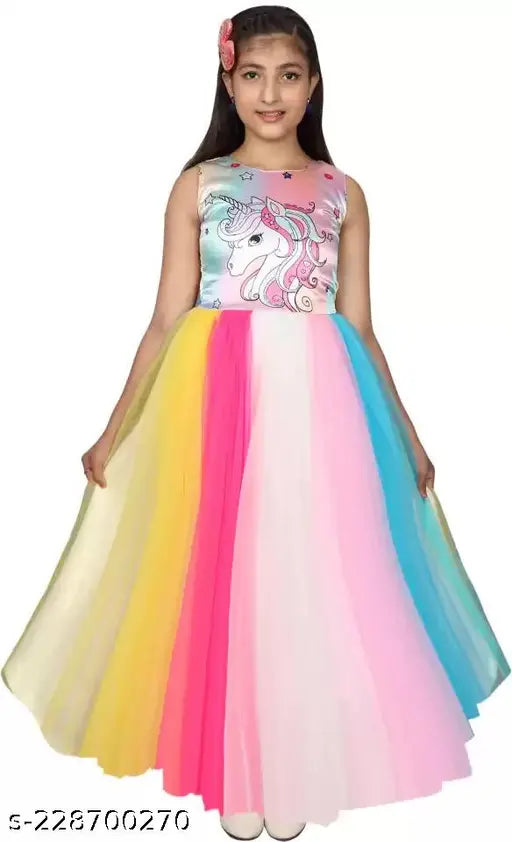 Multicolor unicorn-printed net gown for kids party wear, girls dress by Kittyfashion