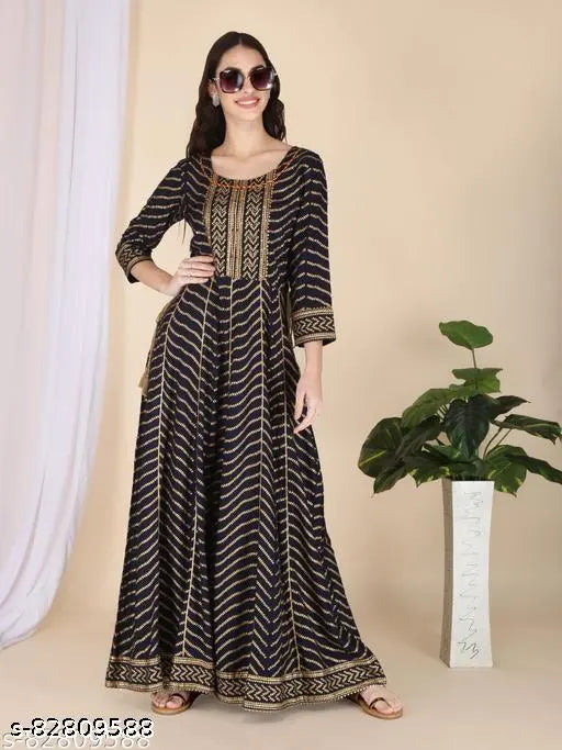 Embroidered gold print anarkali kurta for women, gold tassel detailing