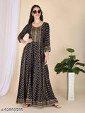 Embroidered gold print anarkali kurta for women, gold tassel detailing