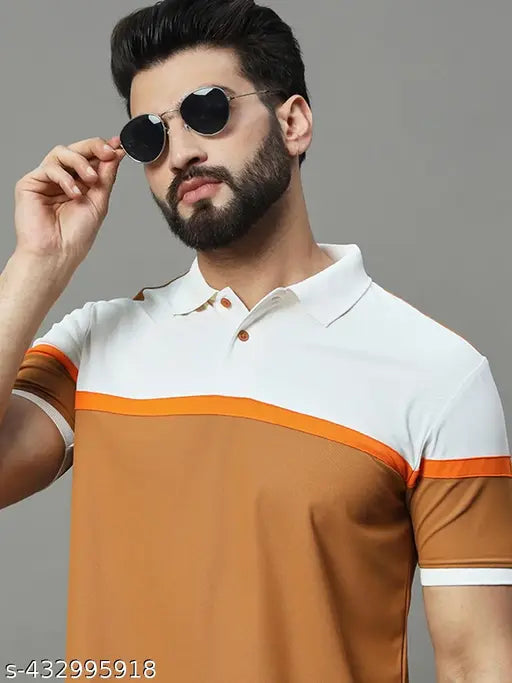 Cotton blend striped men's polo t-shirt, half sleeve, denim jeans context
