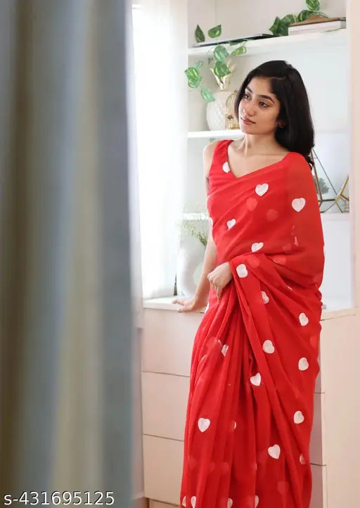 Red georgette silk sari, 5 yards long, with detailed border design