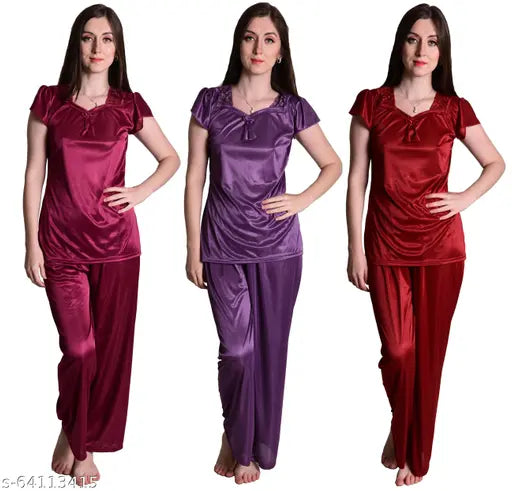Purple wine maroon satin pyjama set pack of 3, comfortable fashionable women's nightwear by Nightdoll