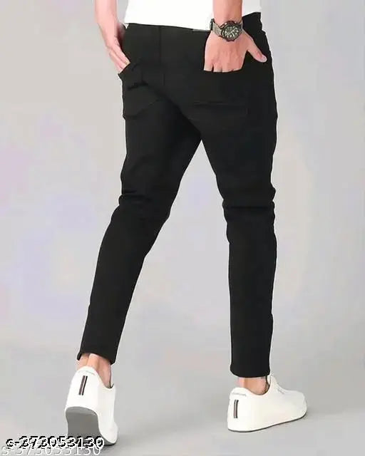 Men's black slim fit cotton blend jeans with placement print, modern style, lightweight, stretchable and breathable. Size 26, 28, or 30 inches waist and 39 inch length. Made in India