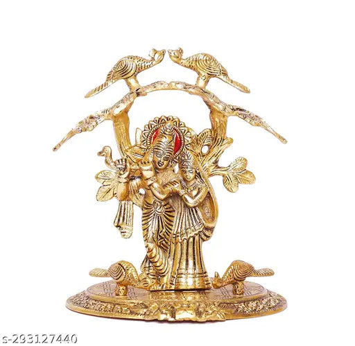 Gold antique finish Radha Krishna standing flute playing tree idol, Indian religious decorative art for Pooja or home decoration