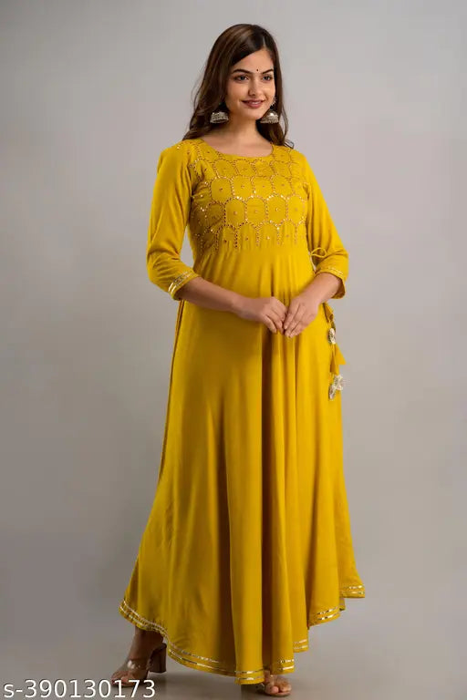 Nishabd women's embroidered flared round neck kurta, viscose rayon fabric, 34 sleeve length, ankle length