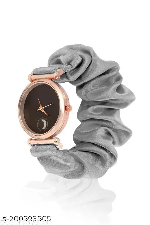 Classic women's watch with elastic scrunchy band, soft pattern fabric, in rose gold
