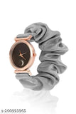 Classic women's watch with elastic scrunchy band, soft pattern fabric, in rose gold
