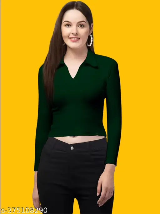 Dark green polyester solid fitted tunic top, long sleeves, collared V-neck for women's casual and formal wear