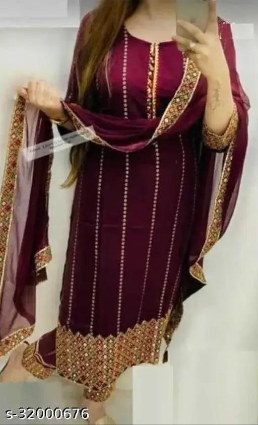 Rayon ethnic wear for women: Kurta, pants, and dupatta set in various sizes (S-XXL)