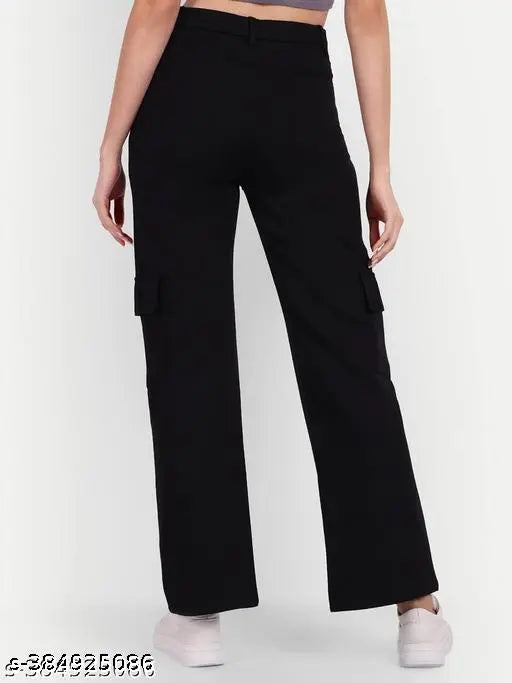Black high-rise cargo pants with slanted inset pocket, patch with flap, straight fit, stretchable material