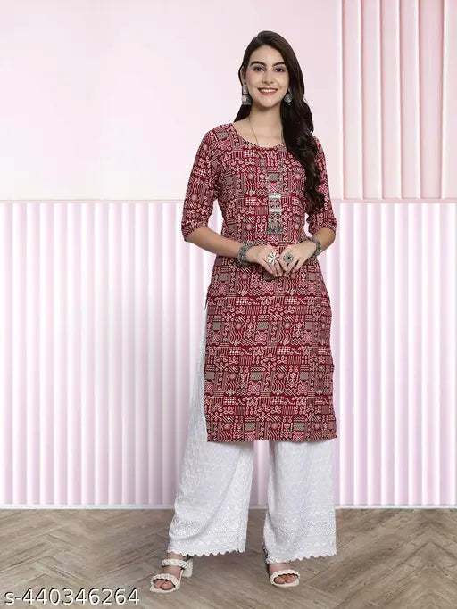 Printed crepe three-quarter sleeve women's kurti set with palazzos, India origin
