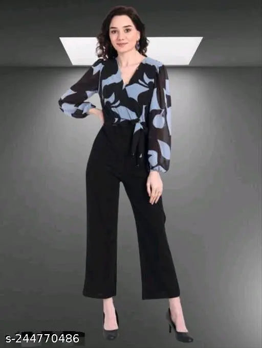 Floral print georgette jumpsuit with long v-neck, ideal for women's casual and partywear. Made in India (N) S: 34-30-50, M: 36-32-50