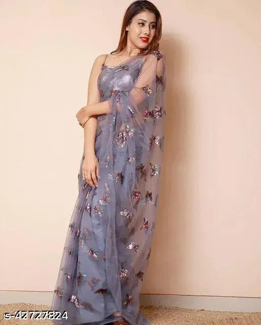 Embellished net saree in free size, India-origin silk blouse piece