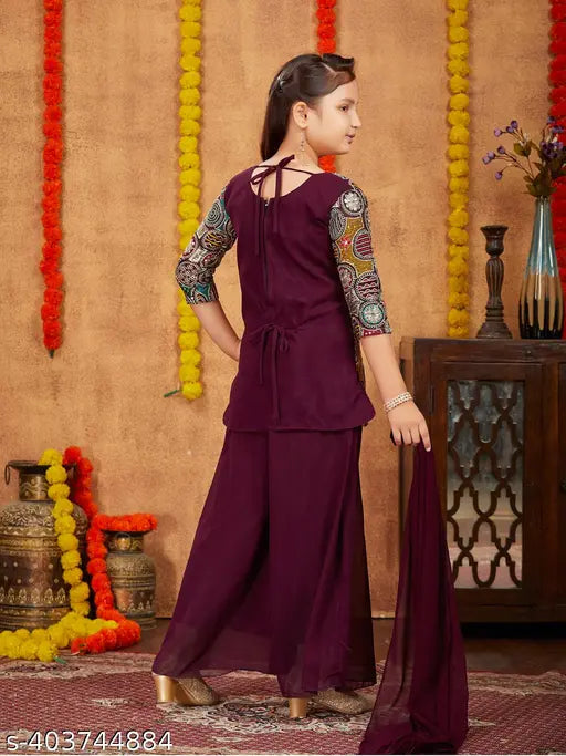 Wine color sequin thread embroidery Georgette kurti sharara set with dupatta for girls aged 6-11 years. Indian ethnic wear