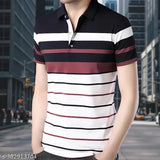Mens striped polo cotton tshirt, short sleeves, yellow and orange pattern. Breezy, comfortable, casual summerwear from India