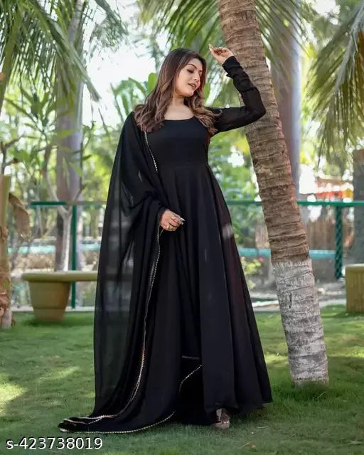 Floral Print Georgette Maxi Dress with Dupatta, Indian-style long sleeve party wear for women