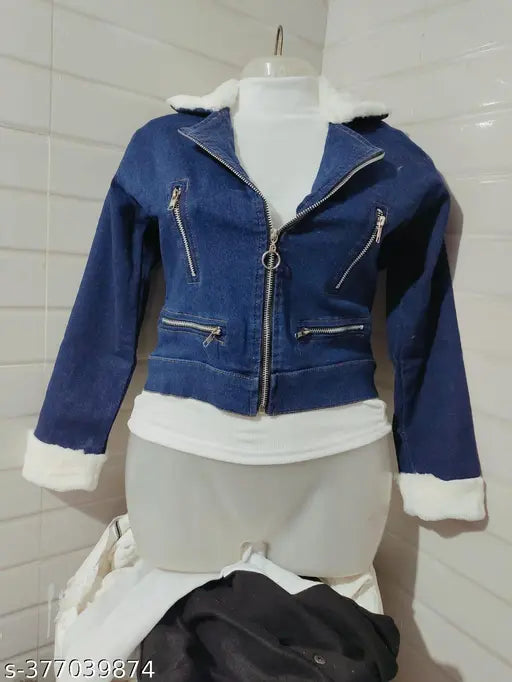 Blue denim jacket with fur trim and zip closure