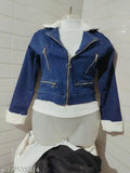 Blue denim jacket with fur trim and zip closure