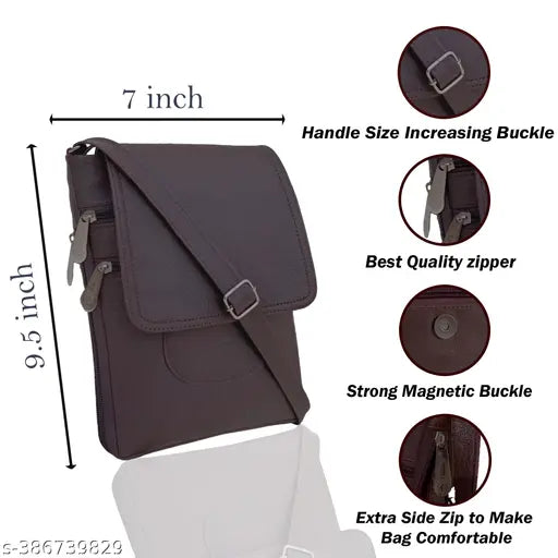 Brown leather sling bag with 5 zips, medium size