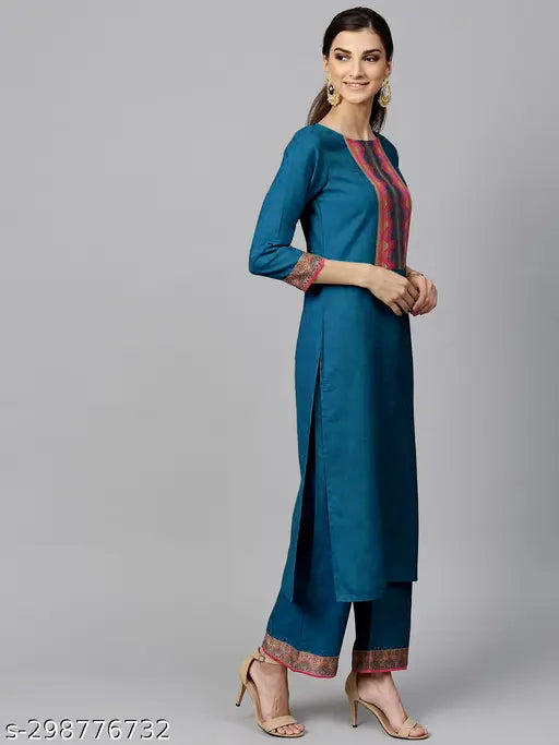 Cotton kurti Plazzo set with dupatta for women, printed three-quarter sleeve blend in vibrant Indian patterns. [XS-XXL sizes available]