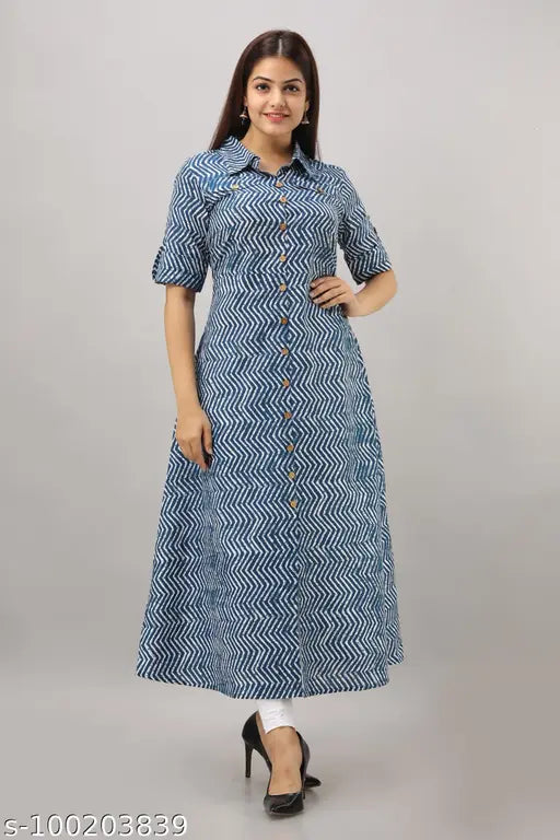 Blue cotton zig-zag printed A-line kurta, short sleeves, Indian ethnic wear for women