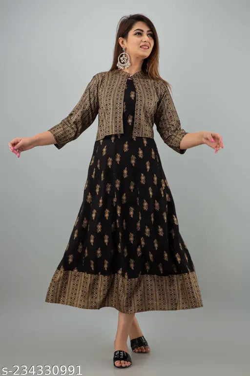 Rayon Anarkali kurta and jacket, printed combo in three-quarter sleeves, Indian traditional wear for women