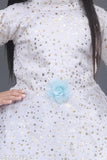 Aqua blue net embellished girls' gown frock with long sleeves, Indian origin