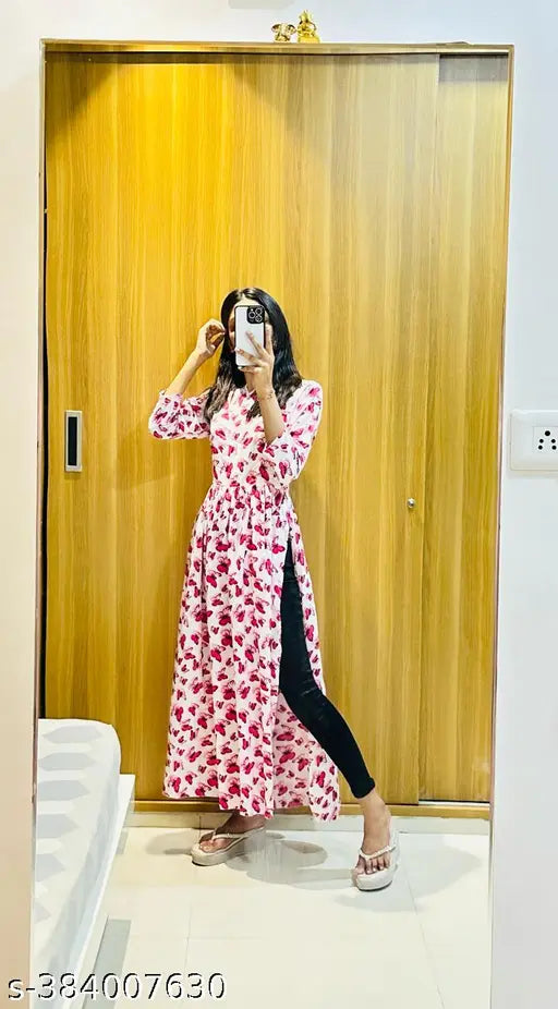 High-quality crepe Butterfly Printed Anarkali kurti, three-quarter sleeves, vibrant, versatile for daily wear, India origin