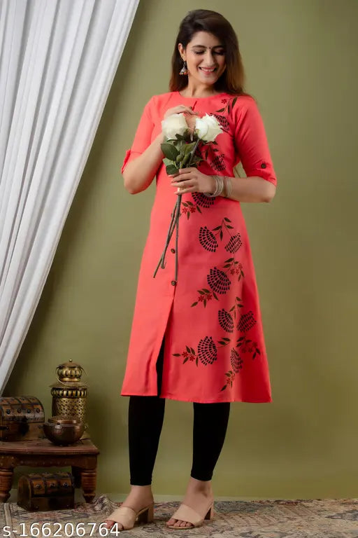 A red printed kameez with a zipper in front, designed in an alignment style