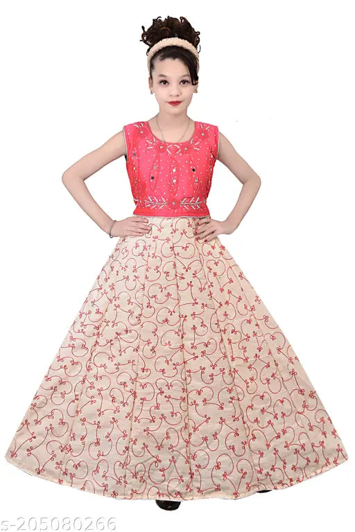 Silk sleeveless embroidered net ethnic gown by Stylus Girls for kids aged 5-7 years, Indian tradition wear