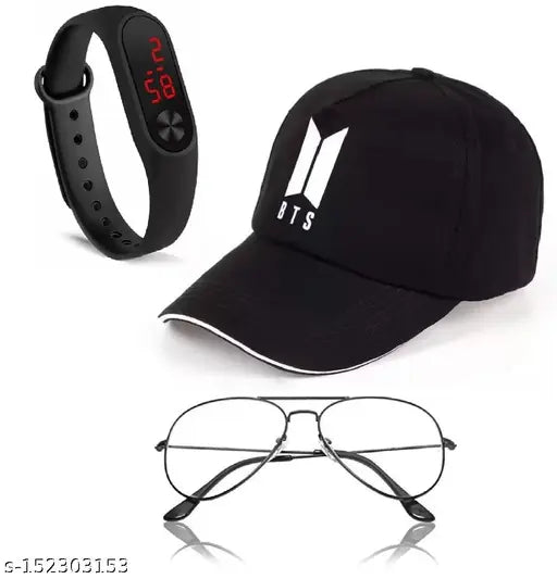 Cotton BTS ball cap combo with clear polarized aviator sunglasses and LED watch for men and boys, self-designed accessories on display