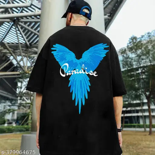 Black cotton blend oversized t-shirt with printed paradise design, three-quarter sleeves for men