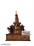Wood carved temple showpiece, Ram Mandir theme, Ayodhya replica, brown color, handcrafted design, dashboard decor, 13cm size