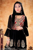 Black velvet 12011 BLAK Anarkali suit with embroidery, flared sleeves, and stole.
