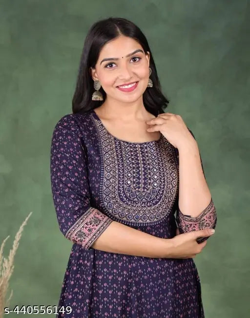 Printed anarkali dress with flared bottom, Rayon fabric, viscose blend, embroidery on bodice, 34 sleeve length, knee-length, full-length sleeves, for women