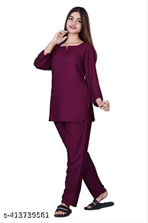 Wine rayon printed night suit set for women & girls, soft, breathable & lightweight rayon pyjamas with long sleeves